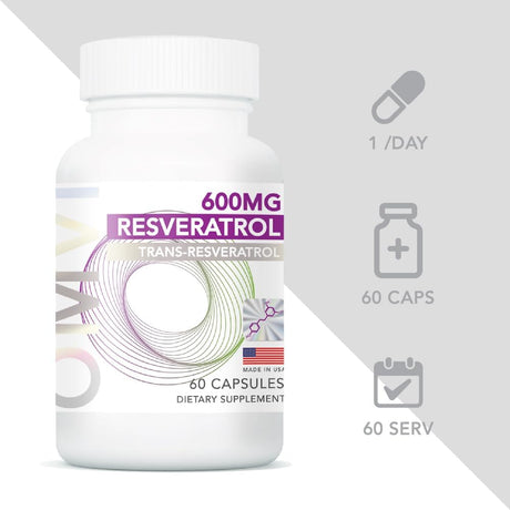 Omvi Formulas, Resveratrol Supplement, Extra Strength Formula for Maximum Anti Aging, Highly Bioavailable Trans Resveratrol Supplement, Heart & Immune Health, 600mg, 60Capsules