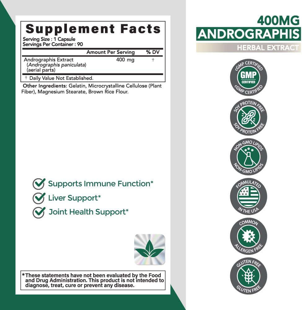 Omvi Formulas, Andrographis 400mg Support Healthy Digestive, Herbal Extarct, Cardiovascular & Unrinary Systems, Support for Healthy Liver & Immune Function, 90Capsules