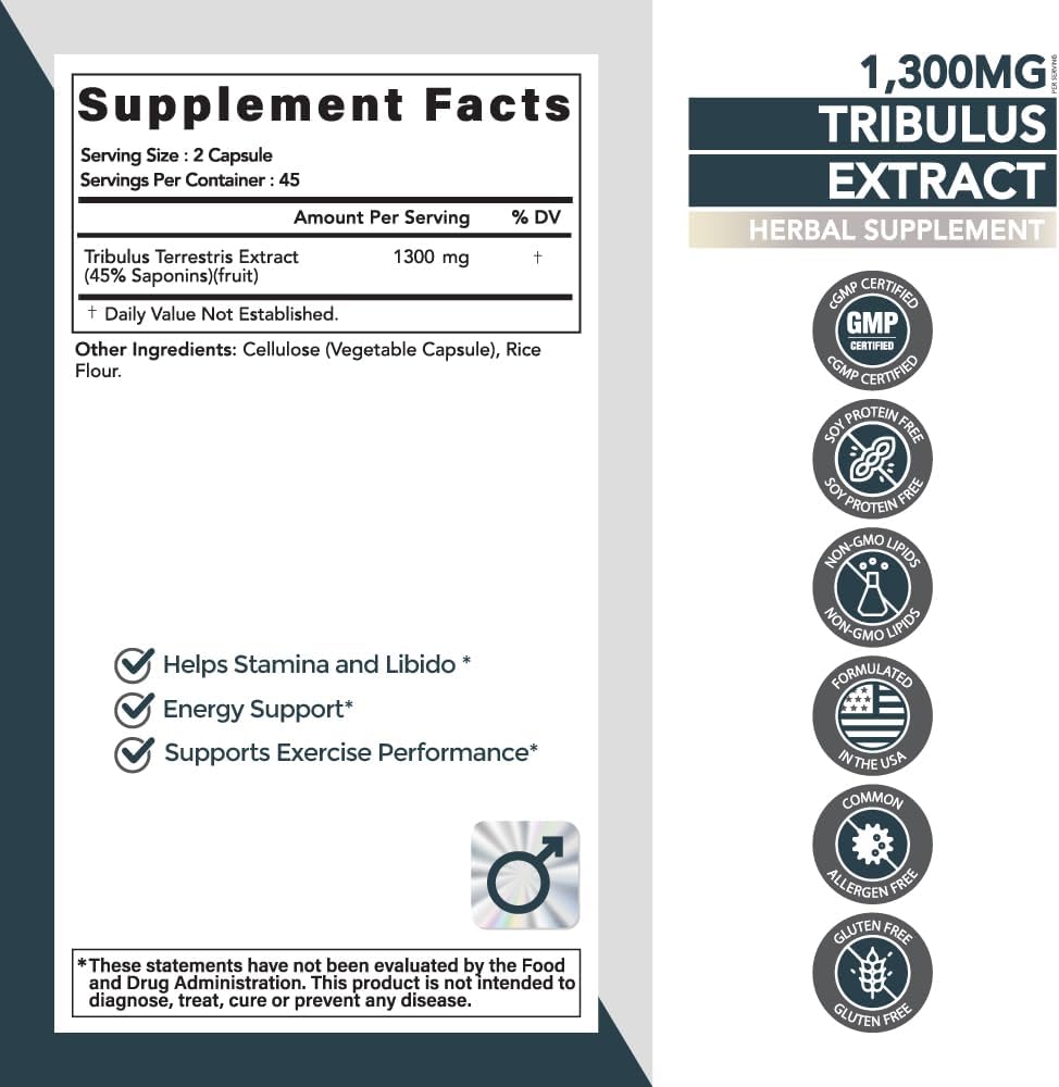 Omvi Formulas, Tribulus Terrestris 1,300mg Supplement Booster for Energy, Vitality, Extra Strength Saponins, Enhanced Absorption, Vegan, Non-GMO, Gluten Free, 90Capsules